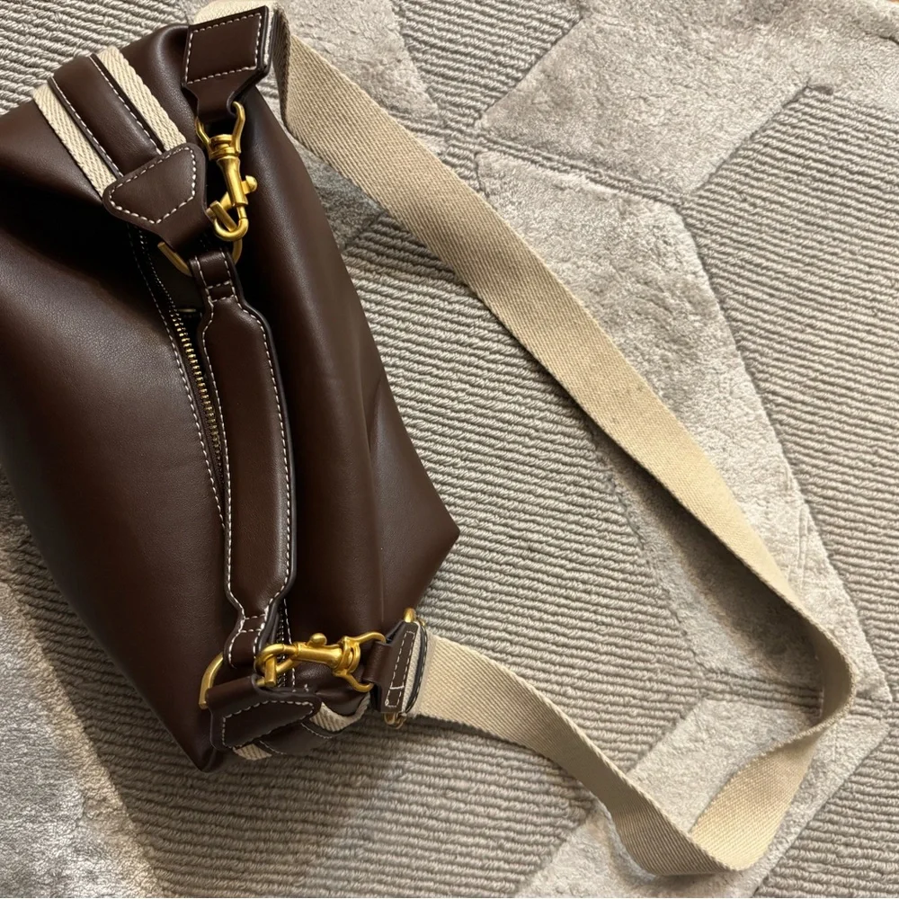 Elegant Brown Leather Handbag - Zara side stripe bag , cross body or clutch - Picture 8 of 14
